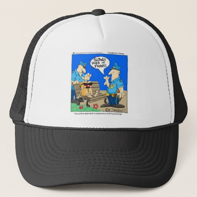 Suspicious Package Funny Police Cartoon Gifts Trucker Hat (Front)