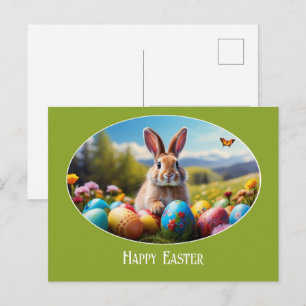 Süßer Osterhase in Landschaft, oval - Postcard