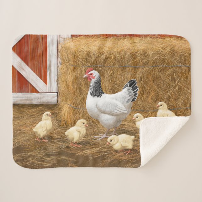 Sussex Chicken Mama Hen and Chicks Sherpa Blanket (Front (Horizontal))