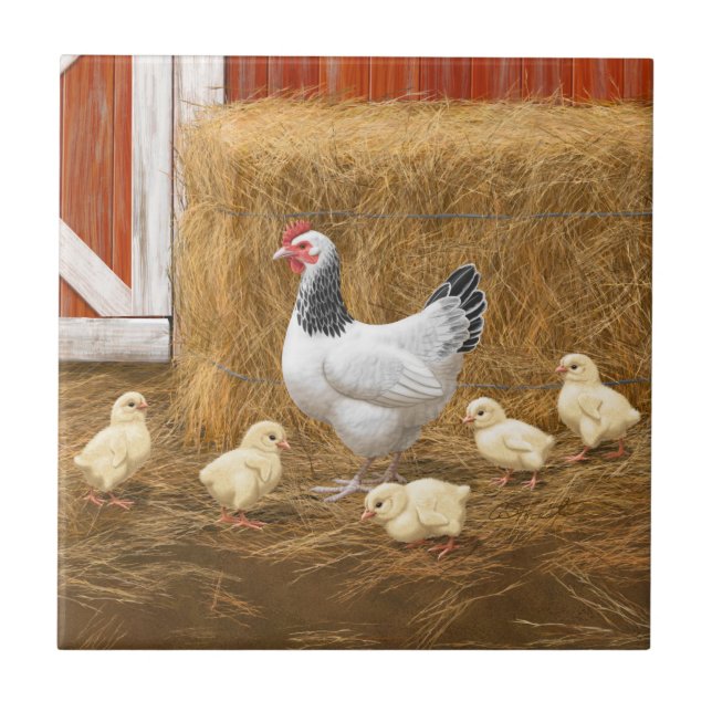 Sussex Chicken Mama Hen and Chicks Tile (Front)