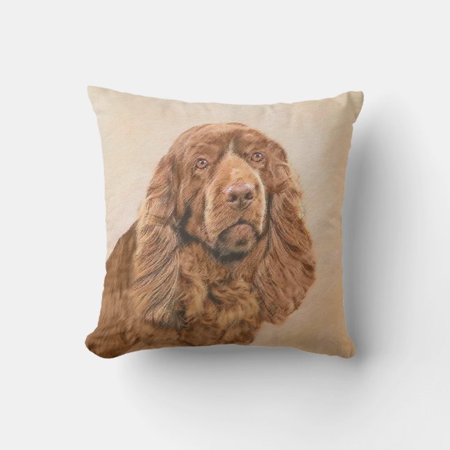 Sussex Spaniel Painting - Cute Original Dog Art Cushion (Front)