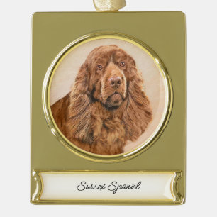 Sussex Spaniel Painting - Cute Original Dog Art Go Gold Plated Banner Ornament