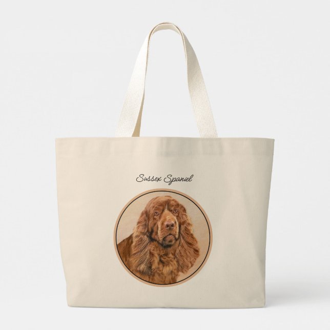 Sussex Spaniel Painting Cute Original Pet Dog Art Large Tote Bag (Back)