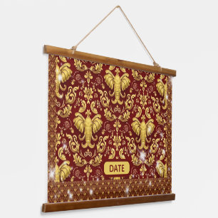 Sustainable Opulence: Crimson & Gold Elephant Des Hanging Tapestry
