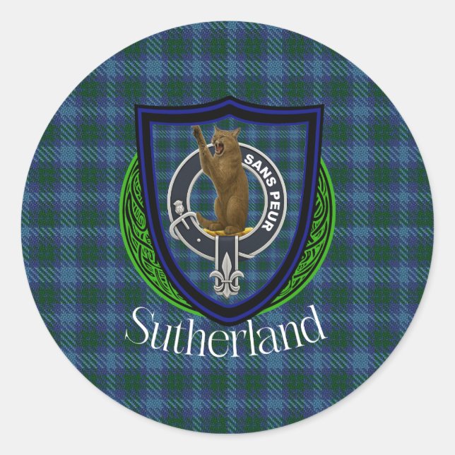 Sutherland Scottish Clan Tartan & Crest Classic Round Sticker (Front)