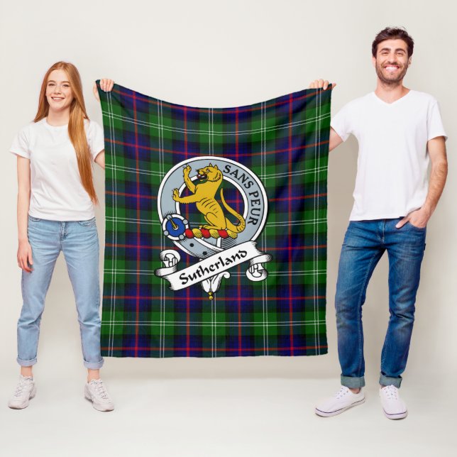 Sutherland Weathered Clan Badge Tartan Plaid Fleece Blanket (In Situ)