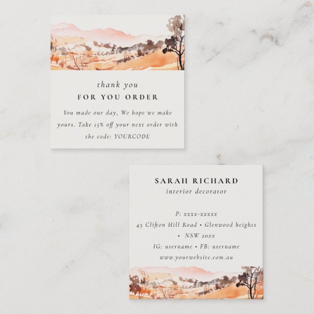 Sutle Blush Orange Watercolor Mountain Thank you Square Business Card (Front/Back)