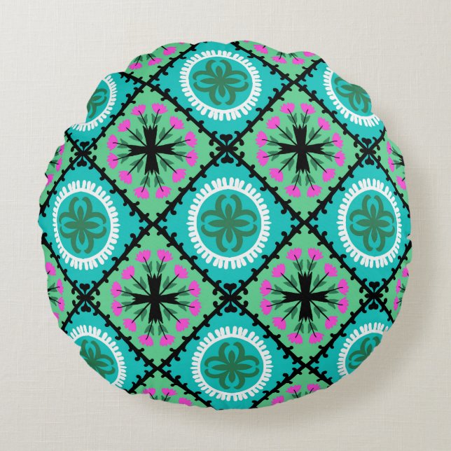 Suzani Pattern with Uzbek and Kazakh Motifs Round Cushion (Front)