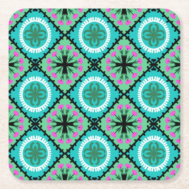 Suzani Pattern with Uzbek and Kazakh Motifs Square Paper Coaster (Front)