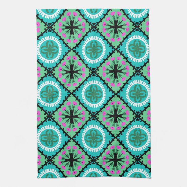 Suzani Pattern with Uzbek and Kazakh Motifs Tea Towel (Vertical)