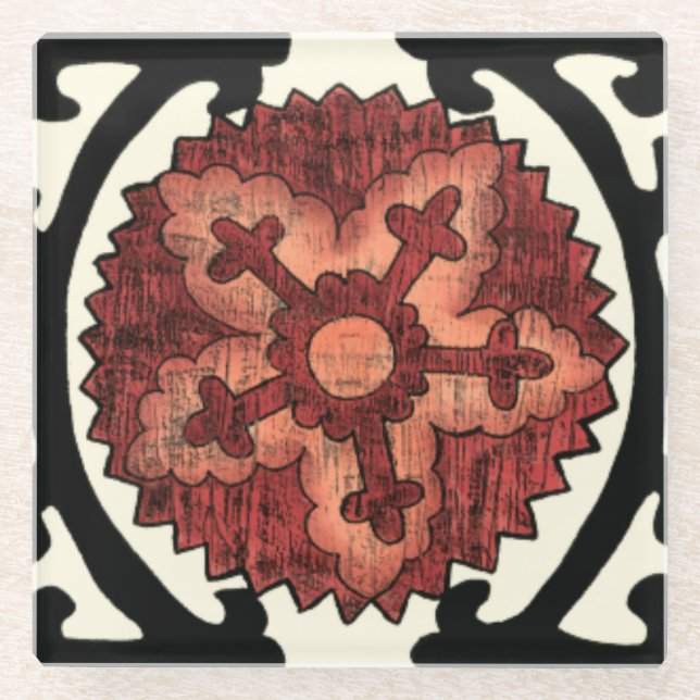 Suzani Style Decorative Floral Pattern Glass Coaster (Front)