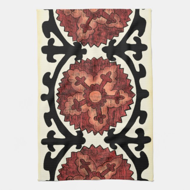 Suzani Style Decorative Floral Pattern Tea Towel (Vertical)