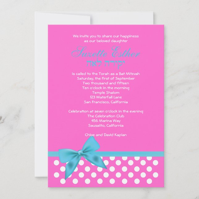 Suzette Bat Mitzvah Invitation Teal Pink Bow Dots (Front)