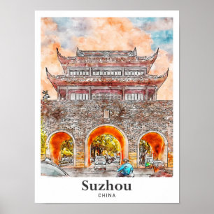 Suzhou China Travel Watercolor Sketch Hand Drawn Poster