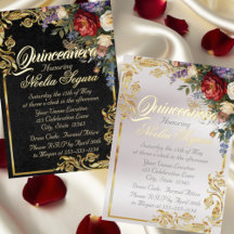 Floral & Gold Leaves - Black & Pearl Quincenera