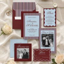 Ice Blue & Burgundy Stripes Retro Wedding
