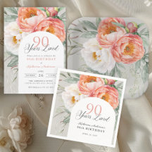 Feminine Peach Floral 90th Birthday