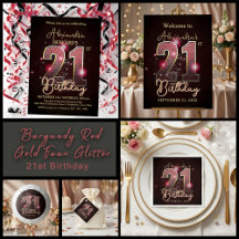  Burgundy Red Gold Faux Glitter 21st Birthday