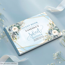 Dusty Blue White Gold Sweet 16th Guest Books 28BD