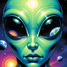 Alien Close Up  Planets in Eyes Reflection