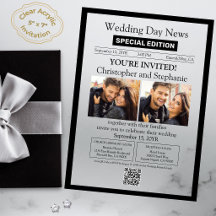 Black White Elegant Script Photo Newspaper Wedding