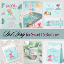 Fun Summer Pool Party Watercolor Sweet 16 Birthday