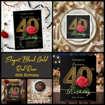Elegant Black Gold & Red Rose 40th Birthday Party