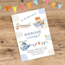 Watercolor Plane Cute Animals Birthday