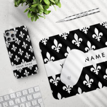 Fleur De Lis, White on Black, White Strip Monogram