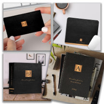Monogrammed black leather and gold office set