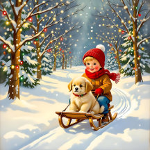 Vintage Christmas Scene, Boy on Sled with Puppy