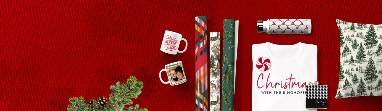 Joyful christmas gifts sit against a traditional deep red background and feature personalized ideas such as photo mugs and custom tshirts to delight everyone on your list this year