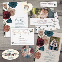 Botanical Teal, Burgundy, Beige Roses Wedding