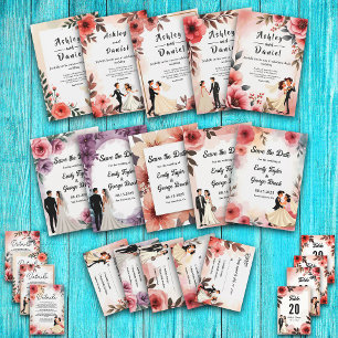 Elegant Dusty Rose Bride And Groom Floral Wedding Invitation
