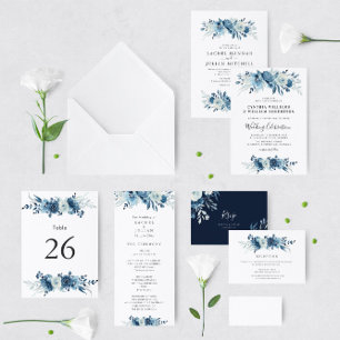 Elegant moonlight blue watercolor floral wedding invitation