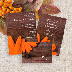 Rustic Orange Daisy Barn Wood Wedding RSVP Card