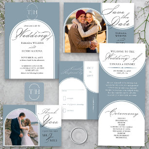 Dusty Blue Arched Photo Wedding Calligraphy Save The Date
