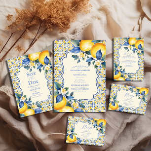 Blue Mediterranean Italian Tile & Lemon Wedding All In One Invitation