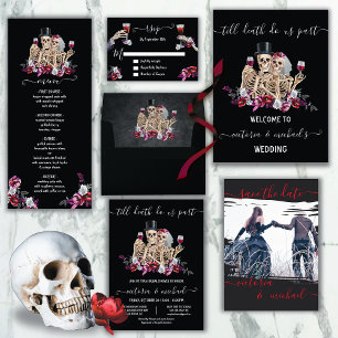 Goth Halloween Black Floral Wedding Photo All In One Invitation