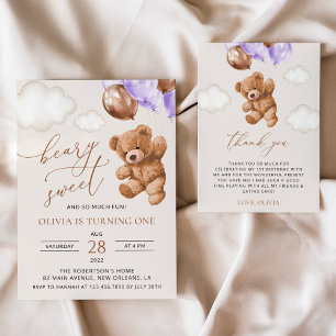 Teddy Bear, Purple Balloons, First Birthday Invitation