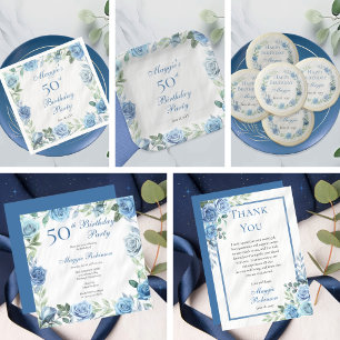 Elegant Blue Rose Floral Frame 50th Birthday Party Napkin
