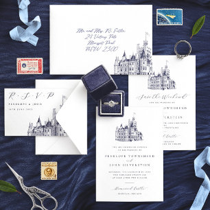Elegant Vintage Castle Illustration Simple Wedding Invitation