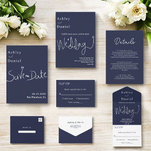 Modern Minimalist Navy Blue White Elegant Wedding Save The Date