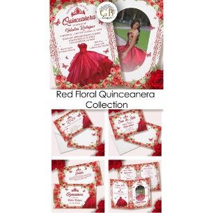 Red Glitter Floral Sparkle Quinceanera Enclosure Card