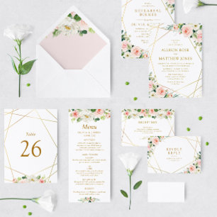 geometric gold and pink blush floral wedding invitation