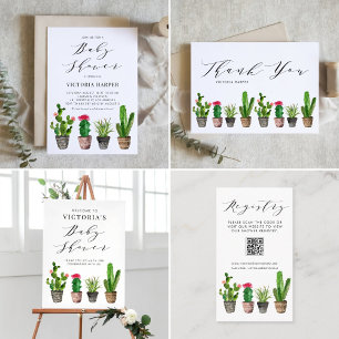 Boho Watercolor Potted Cactus Summer Baby Shower Invitation
