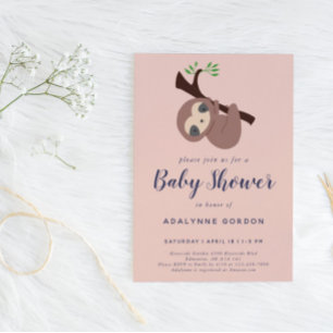 Sloth Baby Shower Pink Brown Modern Minimal Cute Invitation