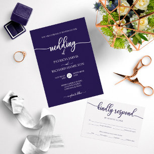 Chic Navy Blue Calligraphy Elopement Wedding Invitation