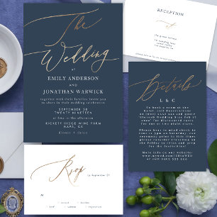 Navy Blue Accommodation Gold Wedding Details Cards