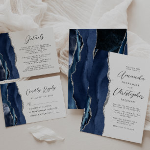 Agate Navy Blue Silver Script Wedding Invitation